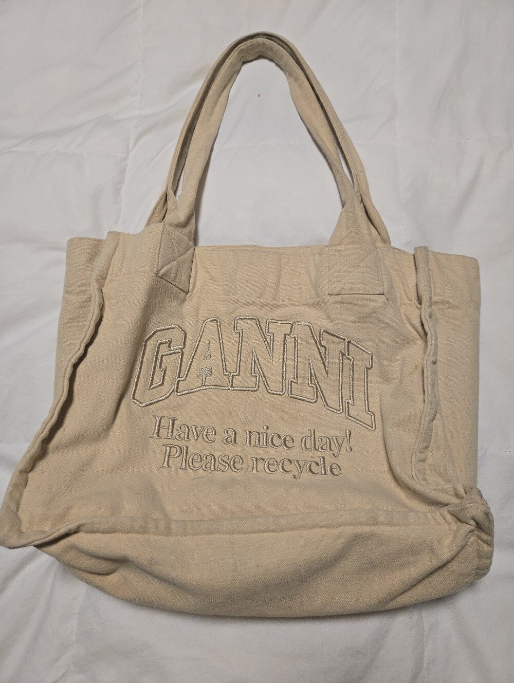 Ganni Cream Canvas Tote with Embroidered Logo